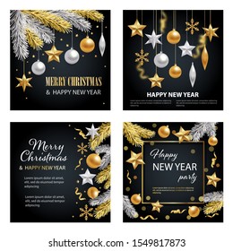 Merry Christmas and Happy New Year luxury greeting cards set. Holiday party square invitations templates collection with lettering , gold and silver decorations. Vector illustration