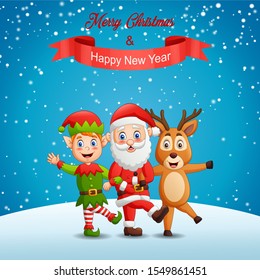 Merry Christmas and Happy New Year winter landscape background with santa claus,deer and elf. Vector illustration
