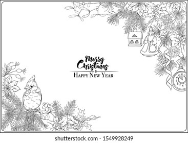 Merry Christmas and Happy New Year card, banner with traditional winter plants and birds, decoration, ribbon. Coloring page for the adult coloring book. Outline hand drawing vector illustration..