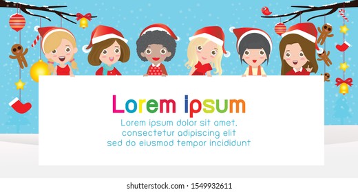 Merry Christmas and Happy new year, cute young girl Costume Party. Group of girl in Christmas cosplay with big signboard. Template for advertising brochure. Vector Illustration.