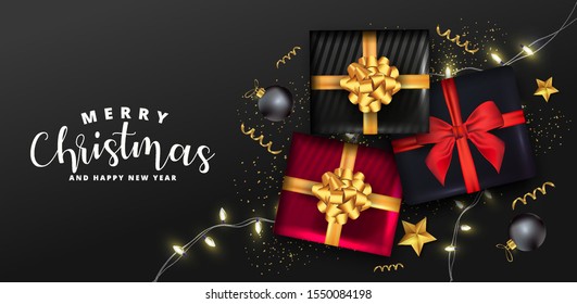 Merry Christmas and Happy New Year card. Holiday background with realistic gift boxes, sparkling light garlands, Christmas balls and golden confetti. Festive vector illustration.
