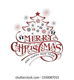 Merry christmas and Happy New Year. Lettering design card template. Vector Illustration.