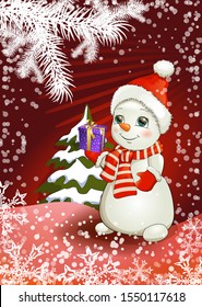 Merry Christmas and Happy New Year greeting card. Snowman with a gift box in his hand and spruce tree. Vector isolated for postcard. The snow man on Christmas day, Merry Christmas and Happy new year