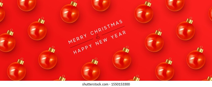 Merry Christmas and Happy New Year. Pattern Xmas red balls. Christmas bauble background.