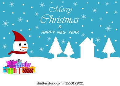 Merry Christmas and Happy new year Text. Letters for the holiday greeting gift poster. Xmas card. Design for Christmas day festival. Happy snowman in winter. Gift Box. Vector illustration.