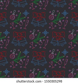 Merry Christmas Happy New Year 2019 season color seamless pattern. Vector linear illustration. Party celebration, winter holidays event, happy carnival element. Dark theme style ornament background.