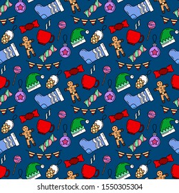 Merry Christmas Happy New Year 2019 season color seamless pattern. Vector flat illustration. Party celebration, winter holidays event, happy carnival element. Dark theme style ornament background.