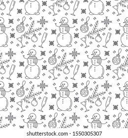 Merry Christmas Happy New Year 2019 season color seamless pattern. Vector retro linear illustration. Party celebration, winter holidays event, carnival element. Monochrome style decorations background
