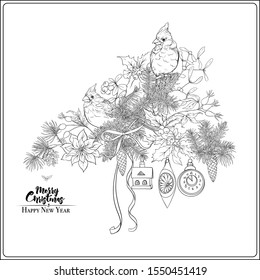 Merry Christmas and Happy New Year card, banner with traditional winter plants and birds, decoration, ribbon. Coloring page for the adult coloring book. Outline hand drawing vector illustration..