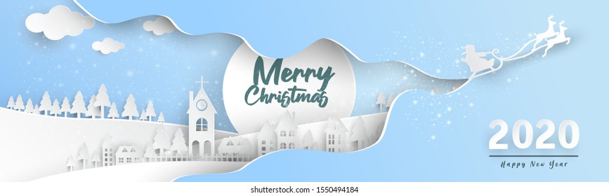 Merry Christmas and Happy New Year with Paper art Illustration Santa Claus on the sky in snow City. Winter Landscape.