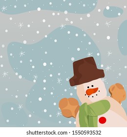 Merry Christmas and a happy new year greeting card. A snowman standing in a winter Christmas landscape. Snow Background. Vector illustration.