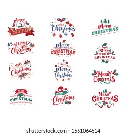 Merry Christmas. Happy New Year, 2019. Typography set. Vector logo, emblems, text design. Usable for banners, greeting cards, gifts etc.
