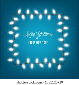 Merry Christmas and Happy New Year banner template with frame of lights garland 3d realistic vector illustration on blue background. WInter holidays greeting card.