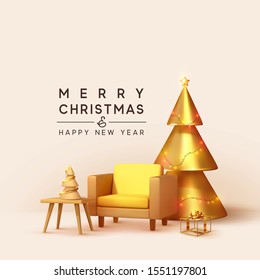 Merry Christmas and Happy new year. Winter home decor. Room with armchair and golden Christmas tree, Xmas decorative objects interior. Banner, web poster, Design 3D rendering. vector illustration