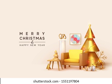 Merry Christmas and Happy new year. Winter home decor. Room with armchair and golden Christmas tree, Xmas decorative objects interior. Banner, web poster, Design 3D rendering. vector illustration