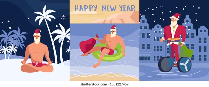 Merry Christmas and Happy New Year card! Young athletic Santa Claus isolated. Flat Art Vector illustration