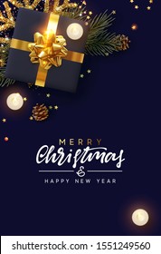 Merry Christmas and Happy New Year. Festive Xmas background with decorative realistic design element. Gift box, decoration glitter gold snowflake, burning candle, pine and spruce branches, gold stars.