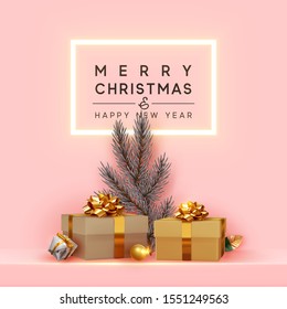 Merry Christmas and Happy New Year. Neon frame, Shelf and podium with realistic golden gifts boxes, silver pine and spruce branch. Xmas pink background with present box. vector illustration