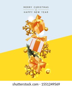 Merry Christmas and Happy New Year. Xmas Background with realistic gift box and golden volume 3d snowflake, gold bauble ball, pine tree, sparkling bokeh lights. Greeting card, poster, banner.