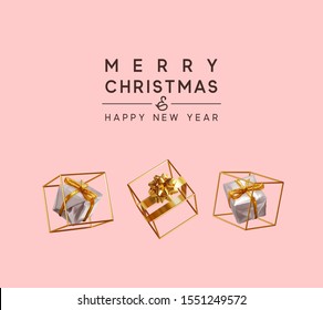 Merry Christmas and Happy New Year. Creative realistic gift boxes with golden bow in an empty golden cube. Festive decorative design elements. Decoration holiday objects. Vector illustration.