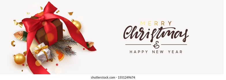 Merry Christmas and Happy New Year. Background with realistic festive gifts box. Xmas present. brown boxes with red ribbon gift surprise, Golden Christmas baubles, balls, glitter gold confetti.