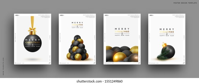 Merry Christmas and Happy New Year. Festive background with round Xmas balls, Christmas tree, pine shape. Realistic decorative design elements. Set Poster, cover, banner. Vector 3d object black color