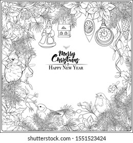 Merry Christmas and Happy New Year card, banner with traditional winter plants and birds, decoration, ribbon. Coloring page for the adult coloring book. Outline hand drawing vector illustration..