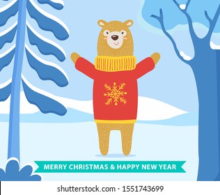 Merry Christmas and happy new year greeting card with wishes. Bear animal wearing knitted sweater with snowflake ornament. Winter landscape with snowy trees and hills. Cute grizzly, vector in flat