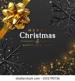 Merry Christmas and Happy New Year. Dark background with golden realistic magnificent gif bow, light yellow bulb garlands, glitter gold confetti, 3d render black snowflakes. Night Xmas design.