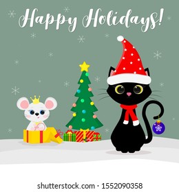 Merry christmas and a happy new year. Black cat in a santa hat and scarf Santa. White mouse in a gift box. Christmas tree and gifts on a background of snowflakes. Vector, cartoon style, flat