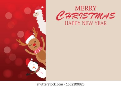 Merry Christmas and happy new year with cute llmar,snowman. and , reindeer  cartoon character vector. with big signboard