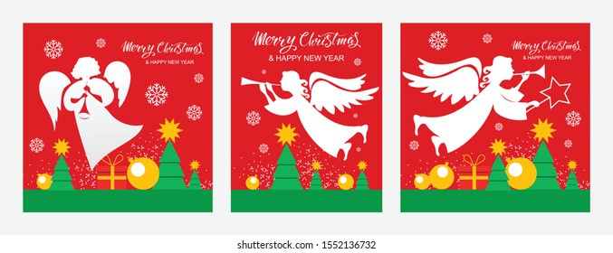 Merry Christmas and Happy New Year. holiday greeting posters with angels, gifts, Christmas trees and lettering on a red background.