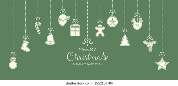 Merry Christmas and Happy New Year - greeting card with hanging ornaments. Vector.