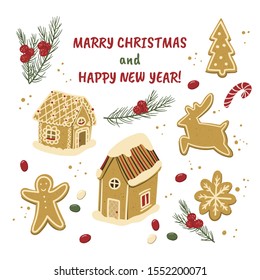 Merry Christmas and Happy New year gingerbread houses, fir tree, ginger man and reindeer cookies cartoon hand drawn style illustration for holiday designs. 