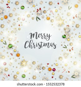 Merry Christmas and Happy New Year Greeting Card with decoration Background.