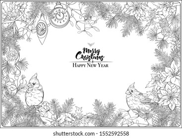 Merry Christmas and Happy New Year card, banner with traditional winter plants and birds, decoration, ribbon. Coloring page for the adult coloring book. Outline hand drawing vector illustration..