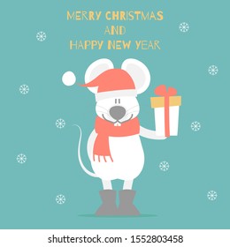 merry christmas and happy new year with cute mouse holding gift box present, snowflake in green background, winter season, flat vector illustration cartoon character costume
