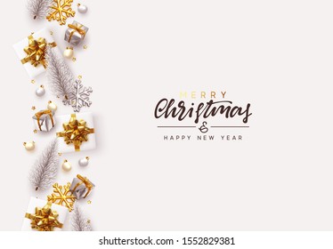 Merry Christmas and Happy New Year. Decorative Christmas Ornaments, realistic gift boxes, 3d snowflake, Xmas ball, lush pine tree. Silver and white color Holiday decoration. Decor Border from objects