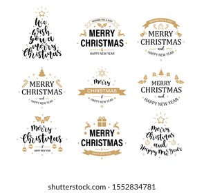 Merry Christmas. Happy New Year, typography lettering badge emblems quotes set collection. Vector logo design for postcard, invitation, greeting card, poster, gift.