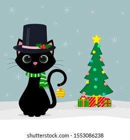 Merry christmas and happy new year. A black cat in a hat and a snowman scarf holds a Christmas toy with his tail. Christmas trees and gifts. Vector, cartoon style, flat