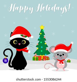 Merry Christmas and happy new year. Black cat and gray mouse in Santa hat and scarf. Christmas tree and gifts on a background of snowflakes. Vector, cartoon style, flat