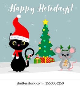 Merry christmas and happy new year. Black cat in santa hat and scarf and gray mouse with gingerbread cookie. Christmas tree and gifts on a background of snowflakes. Vector, cartoon style, flat