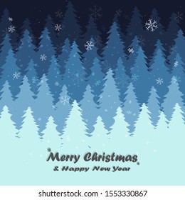 Merry christmas and happy new year, Holiday Christmas Pine Tree Forest, Winter landscape background with falling snow Cartoon Graphic, new year card, vector illustration.