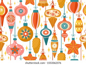 Merry Christmas and Happy New Year background. Seamless pattern with various tree decorations. Texture for textile, postcard, wrapping paper, packaging etc. Vector illustration.