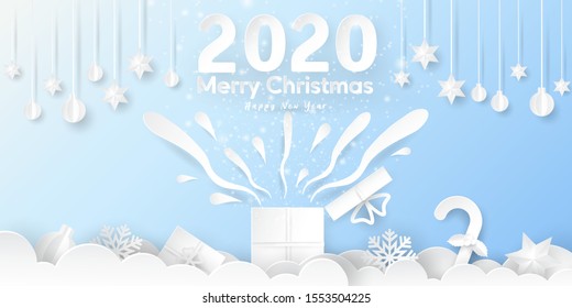 Merry Christmas and Happy New Year celebration concept with Paper art of Gift box open, snowflake, ball, star, and cane. Vector illustration.