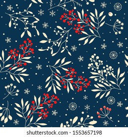 Merry Christmas, Happy New Year Seamless Pattern With Branches, Leaves, Berries And Snowflakes For Greeting Cards, Wrapping Papers. Seamless Winter Pattern. Vector Illustration.