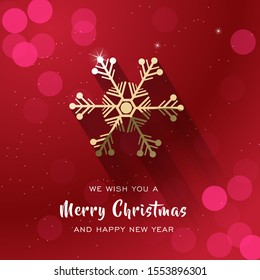 Merry christmas and Happy New Year 2020 text design. Vector greeting illustration with golden numbers, lights, bubble, and snowflake. red background