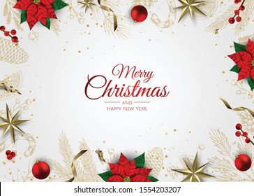 Merry Christmas and Happy New Year. Xmas background with gift box, Snowflakes and balls design.