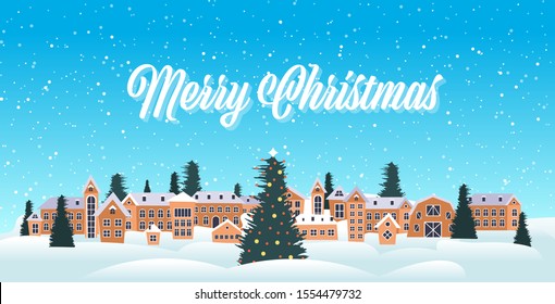 merry christmas happy new year holiday celebration greeting card cute houses snowy town on winter background horizontal vector illustration