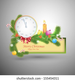 Merry Christmas and Happy New Year. Vector label with clock and symbols of Christmas